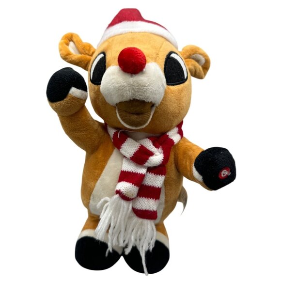 Gemmy Rudolph The Red-Nosed Reindeer Plush Toy With Santa Hat & Scarf 13' READ - Picture 1 of 9
